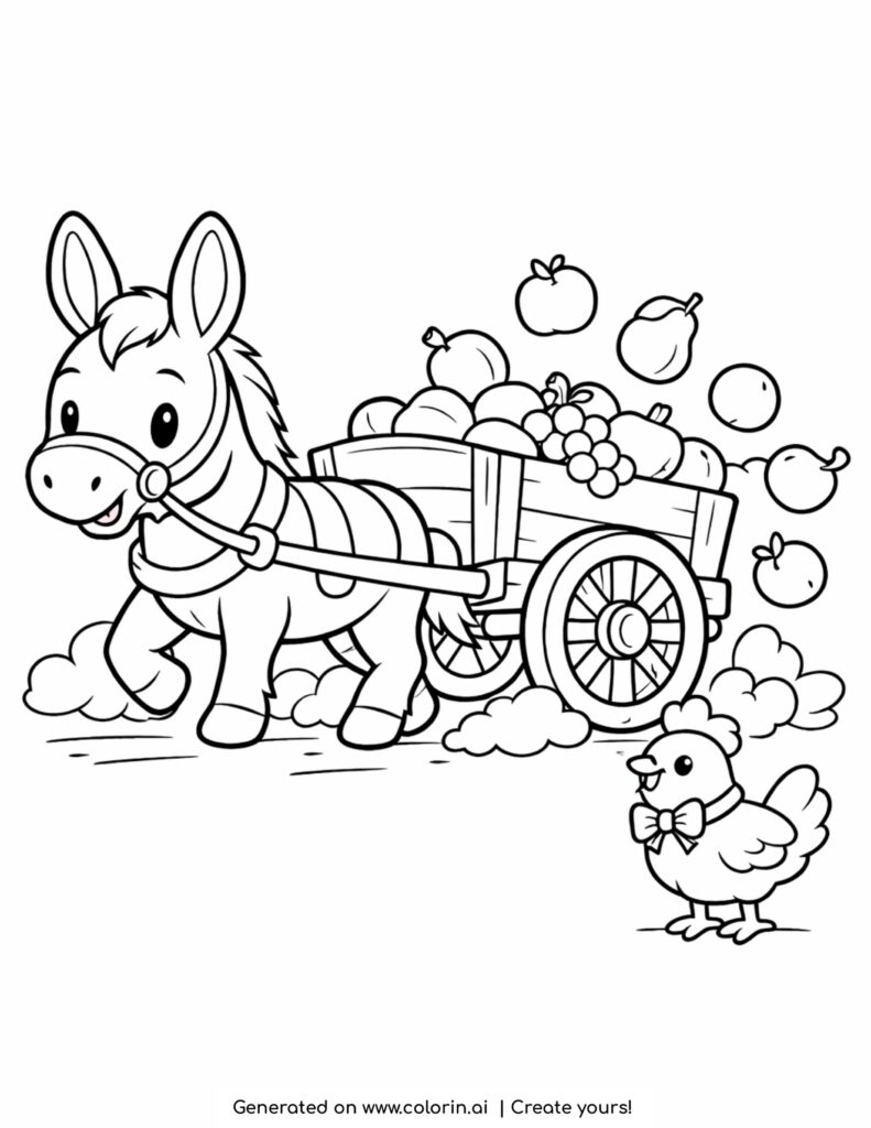 donkey pulling fruit cart coloring page with falling fruits and chicken nearby