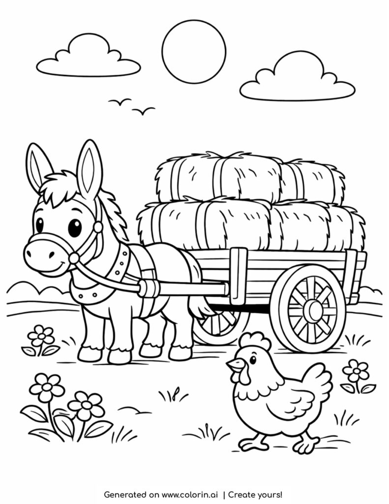 donkey pulling hay cart outdoors coloring page with chicken and farm scene