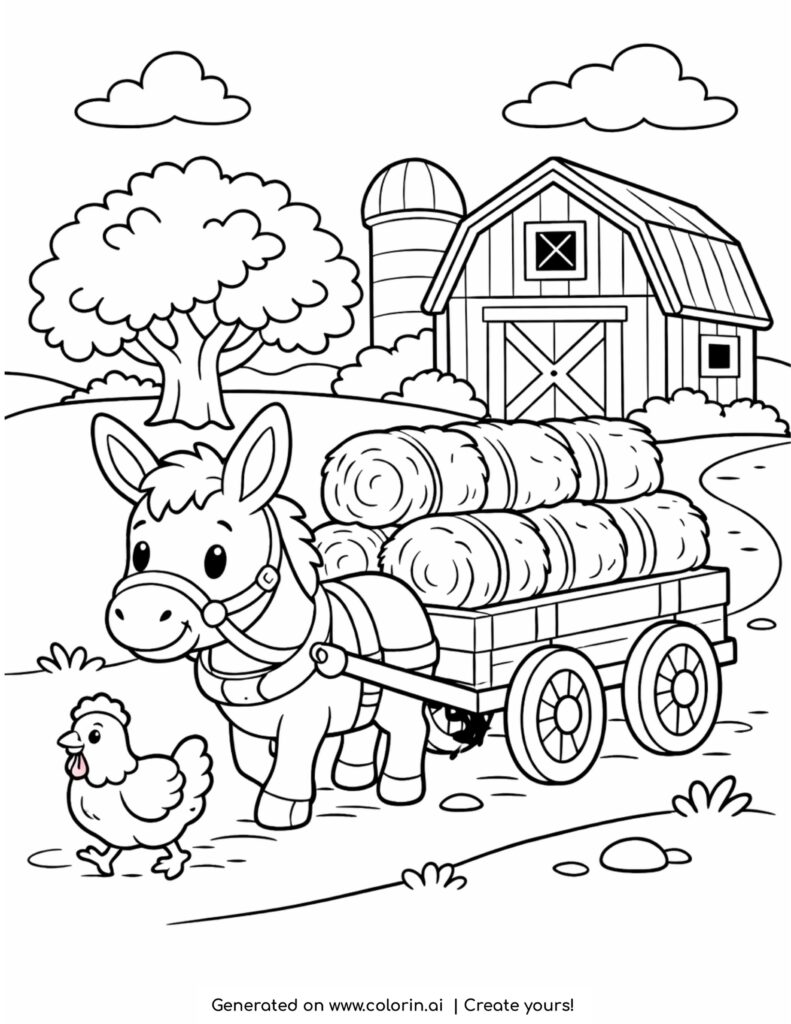 donkey pulling hay cart with chicken farm scene coloring page