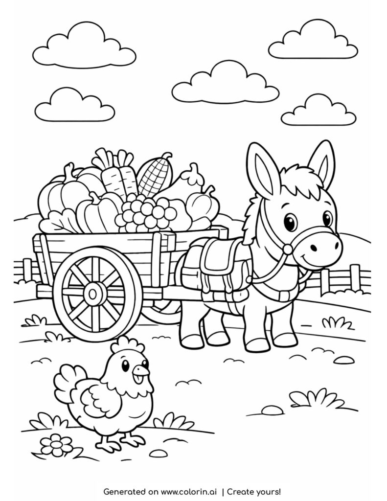 donkey pulling vegetable cart coloring page with chicken and farm background