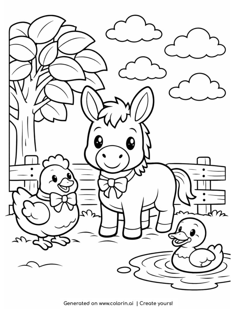 donkey with chicken and duck pond cute farm animals scene coloring page