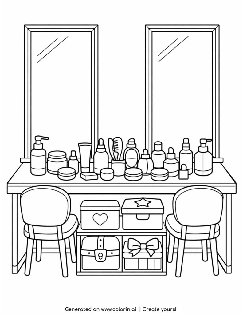 double makeup vanity with mirrors coloring page with chairs and cosmetics