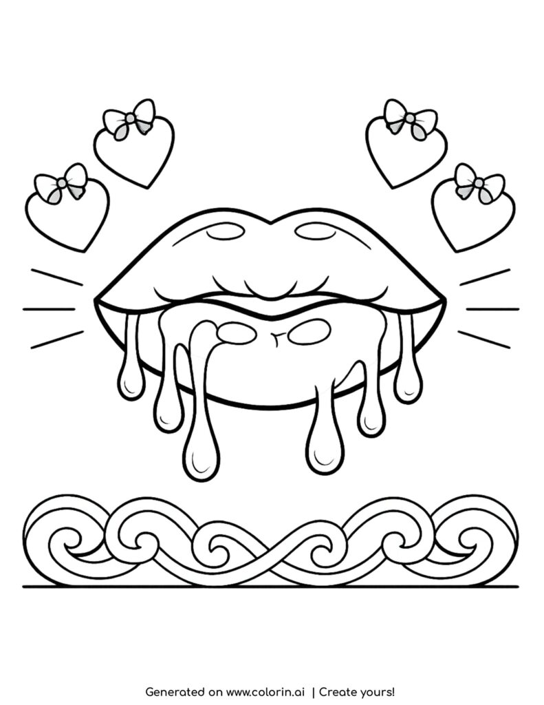 dripping lips with hearts coloring page with gloss and waves