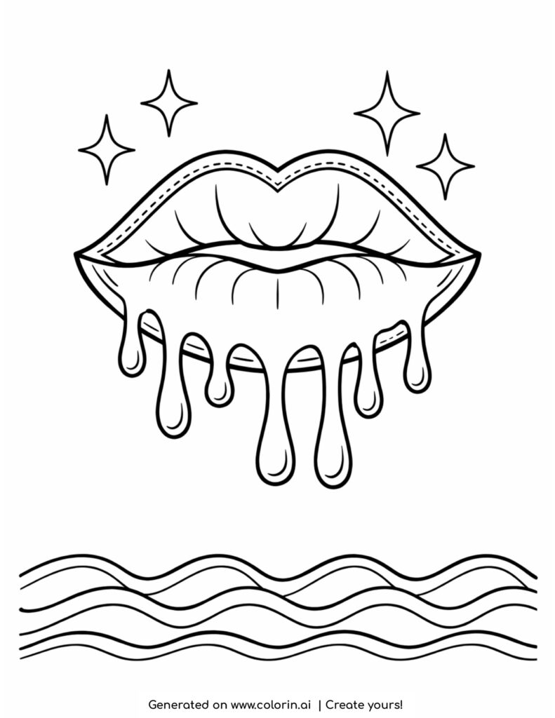 dripping lips with stars coloring page with liquid effect and waves