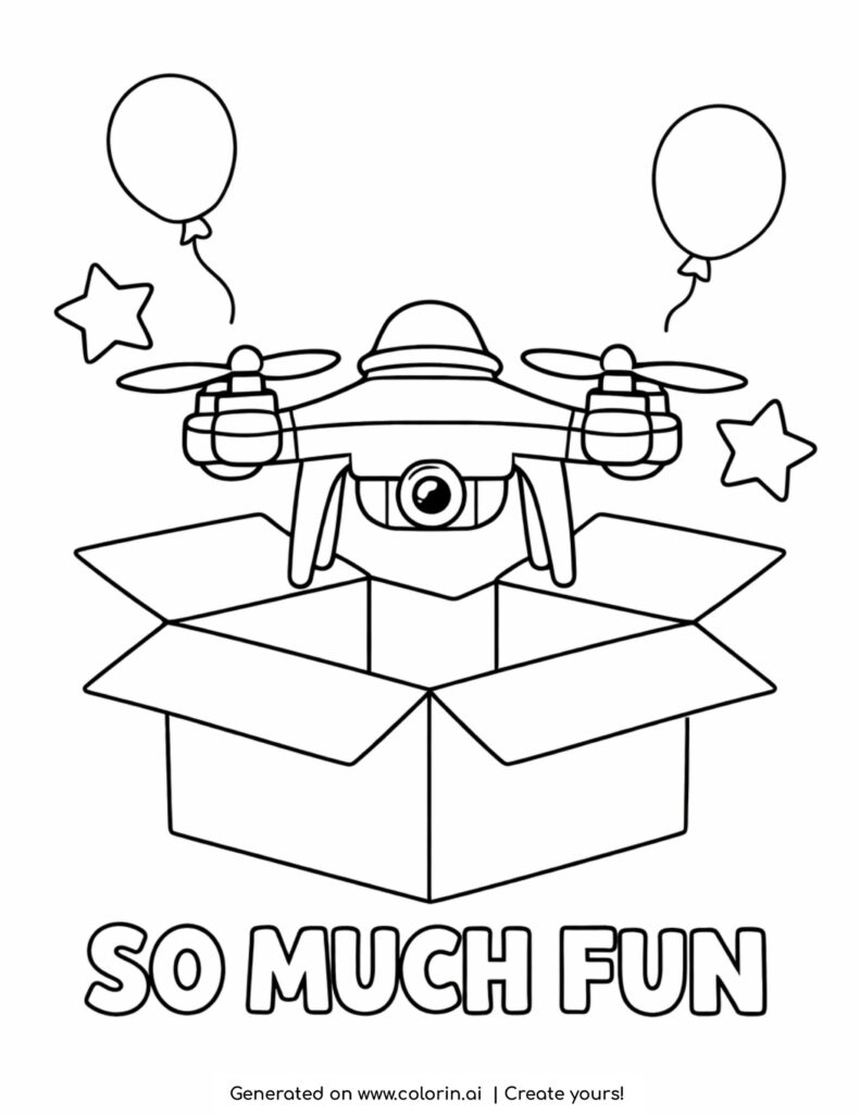 drone popping out of gift box coloring page with balloons and stars around