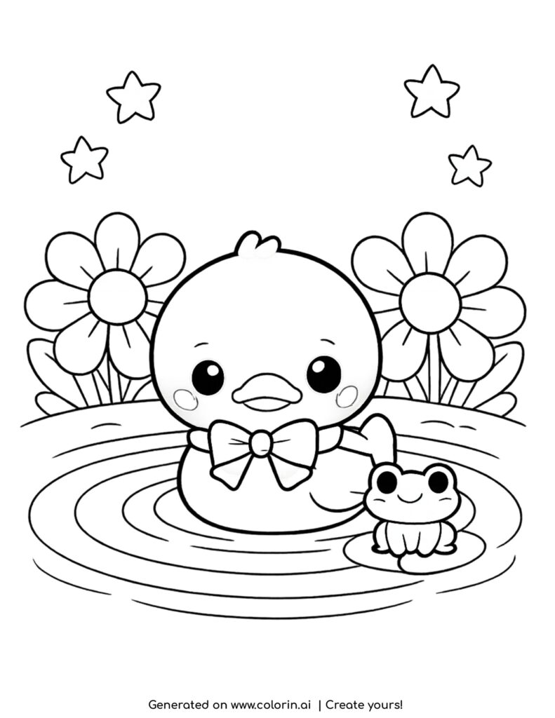duck in pond with frog coloring page with flowers and stars