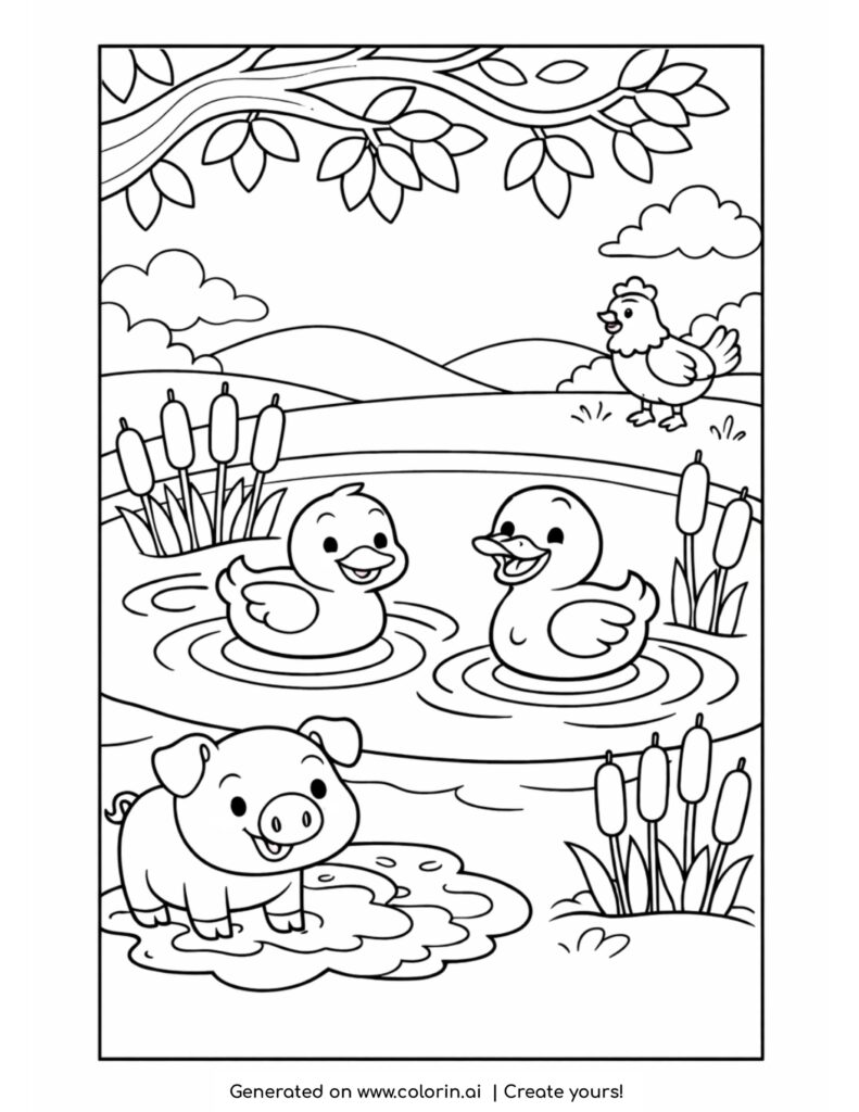 ducks in pond with pig and chicken cute farm scene coloring page