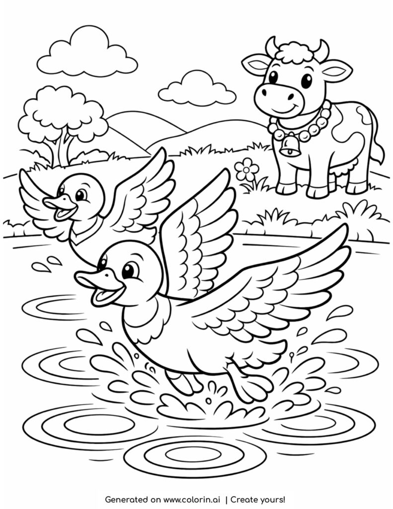 ducks splashing in pond coloring page with cow on shore and water ripples