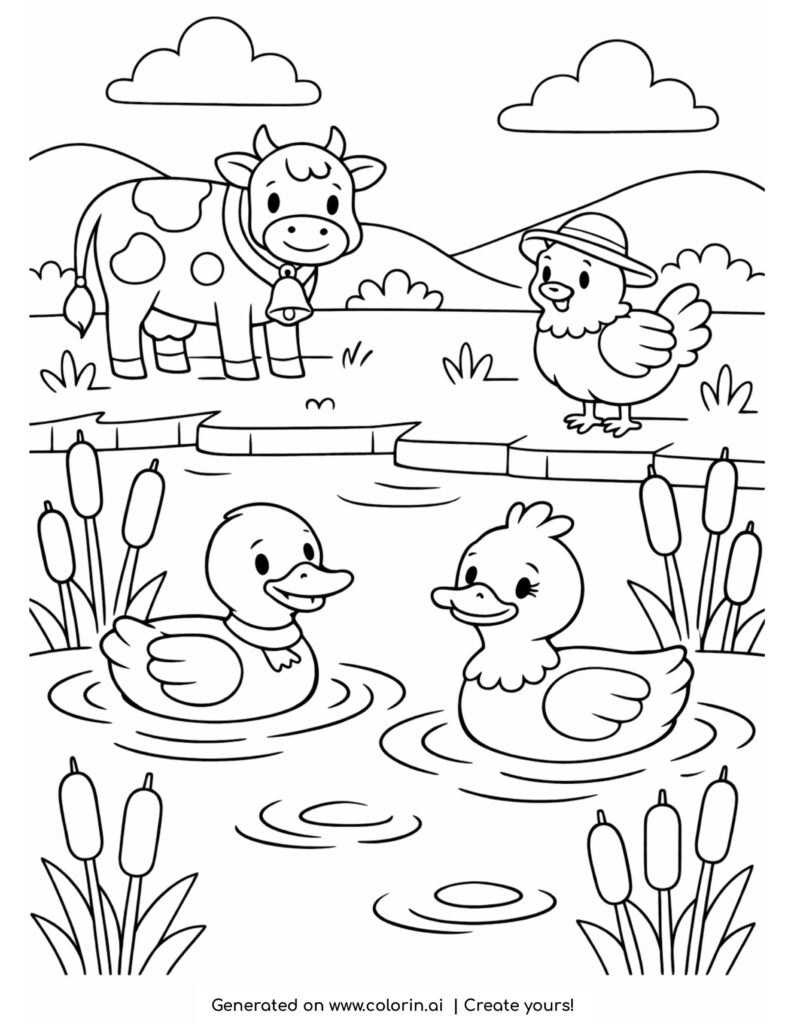 ducks swimming in farm pond coloring page with cow chicken and reeds