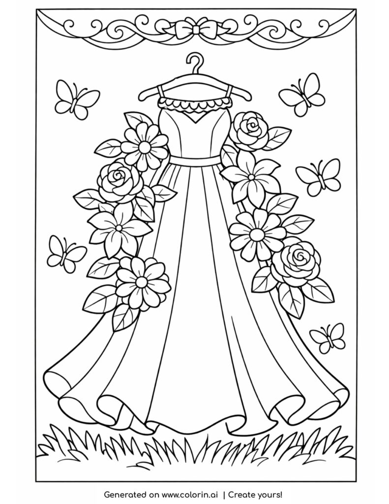 elegant dress with flowers and butterflies coloring page with decorative frame