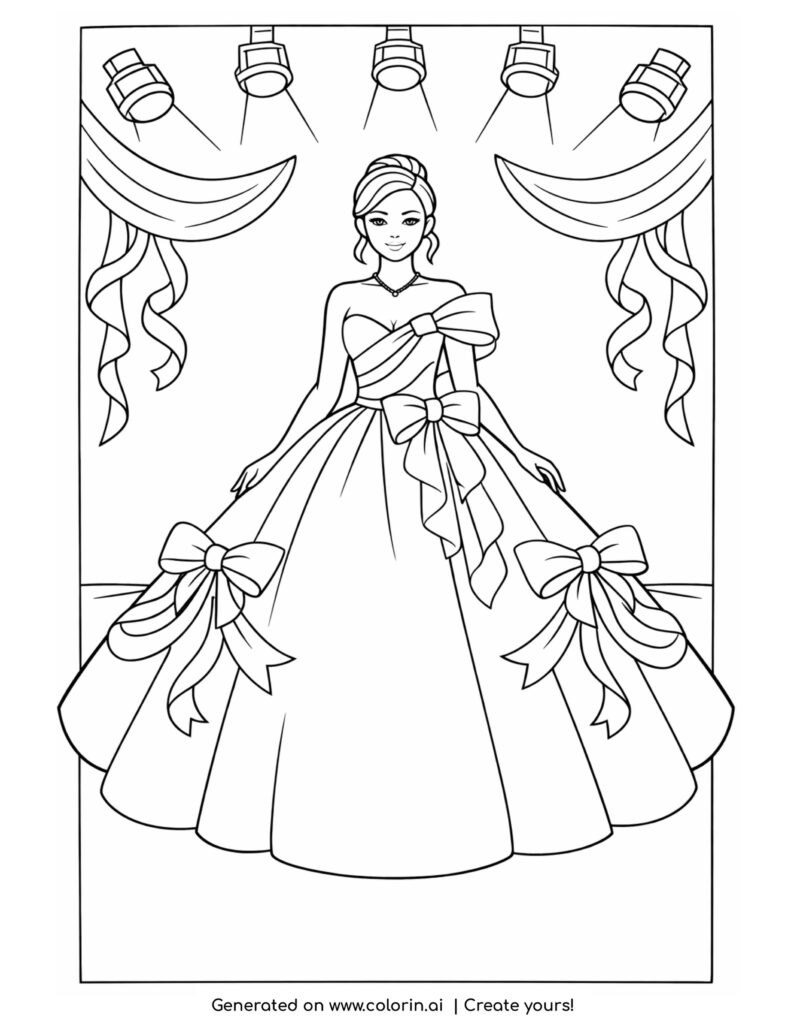 elegant woman in gala dress on stage coloring page with spotlights and decorative bows