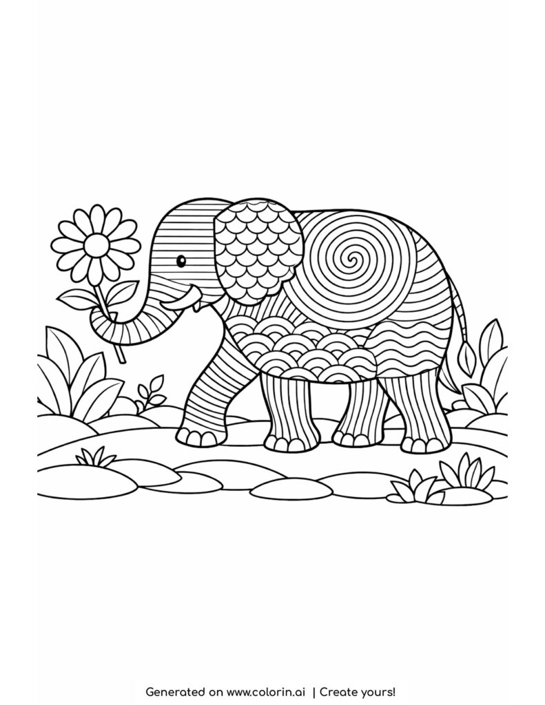 elephant walking with flower in trunk patterned body cute coloring page
