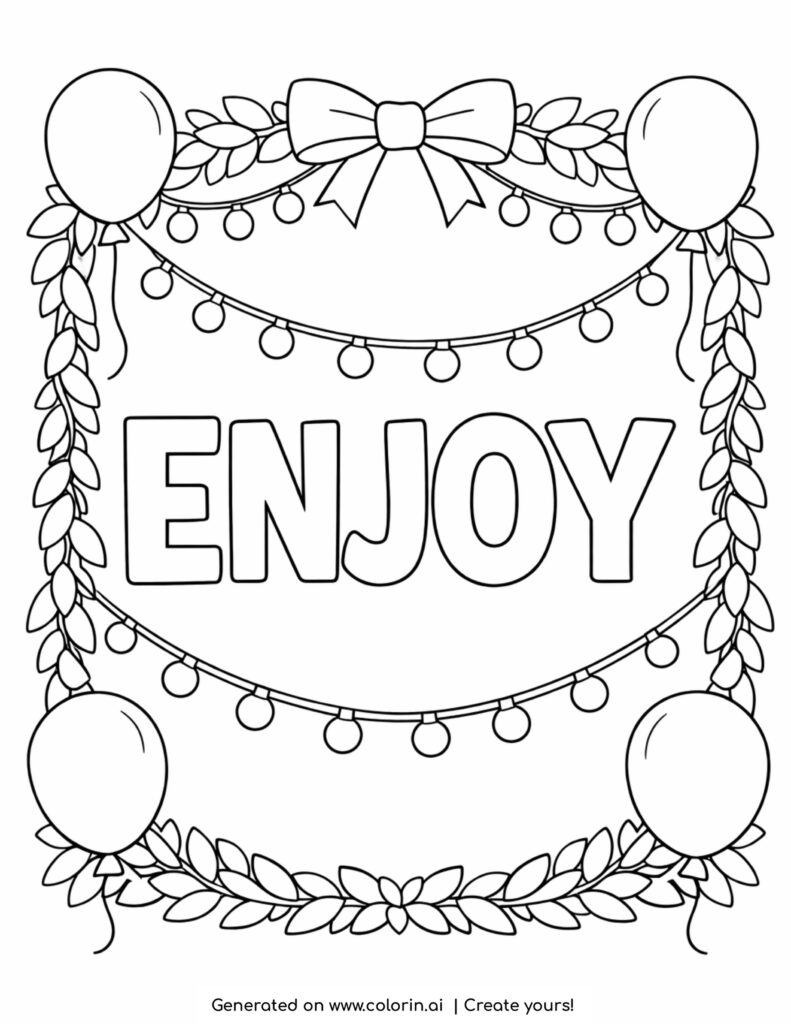 enjoy inside garland with lights coloring page with balloons and decorative frame coloring page