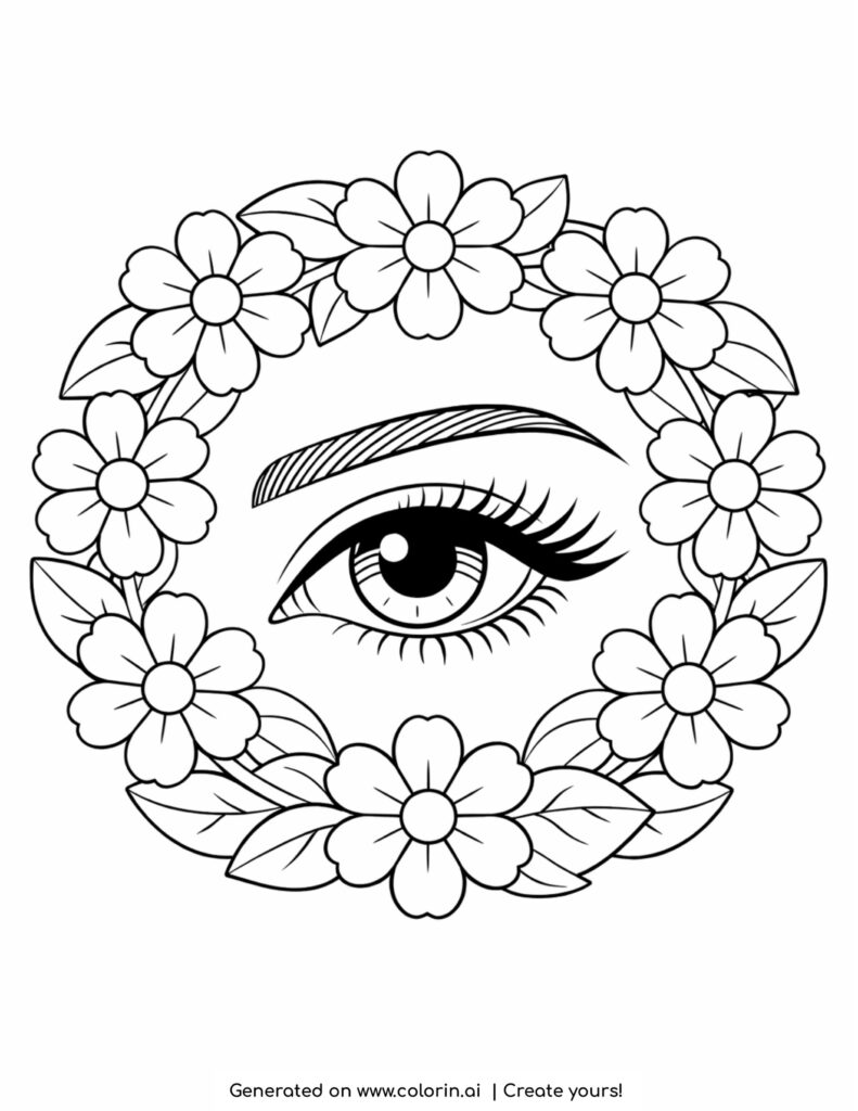 eye with floral wreath frame coloring page with flowers leaves and detailed lashes