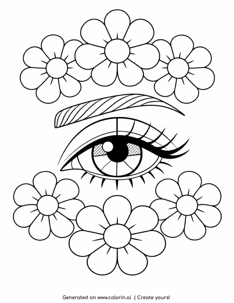eye with flowers around coloring page with lashes and petals