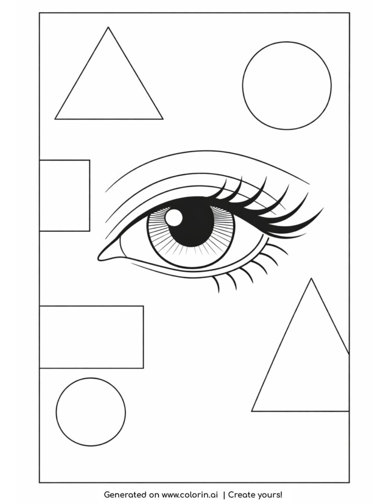 eye with geometric shapes background coloring page with triangles circles and rectangles