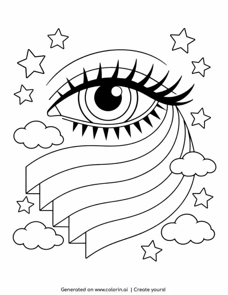 eye with rainbow waves and stars coloring page with clouds and long lashes