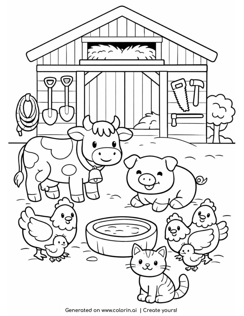 farm animals by barn with water bowl coloring page with cow pig chickens and cat
