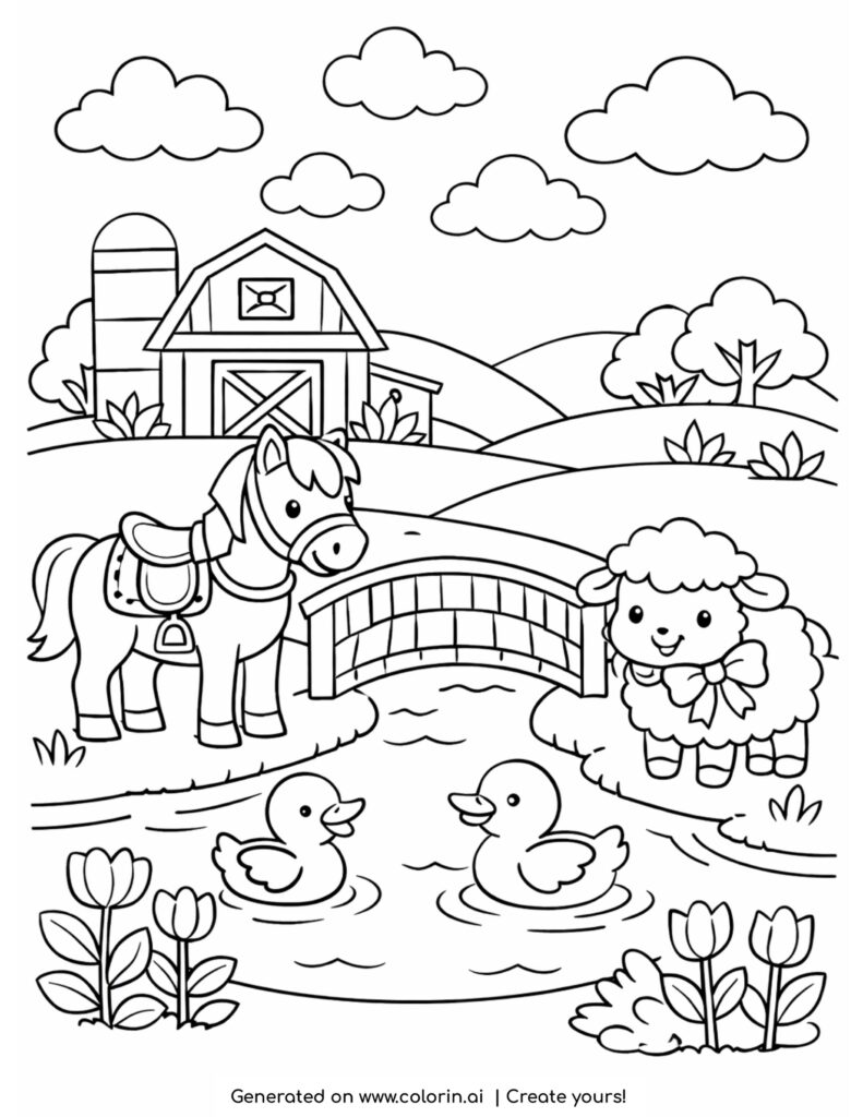 farm animals by river bridge coloring page with horse sheep ducks and barn