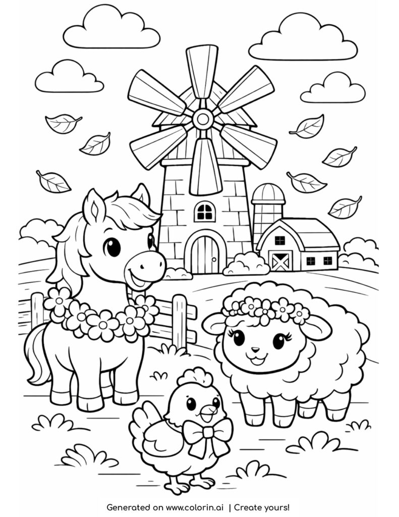 farm animals by windmill leaves coloring page with cute horse sheep and chick