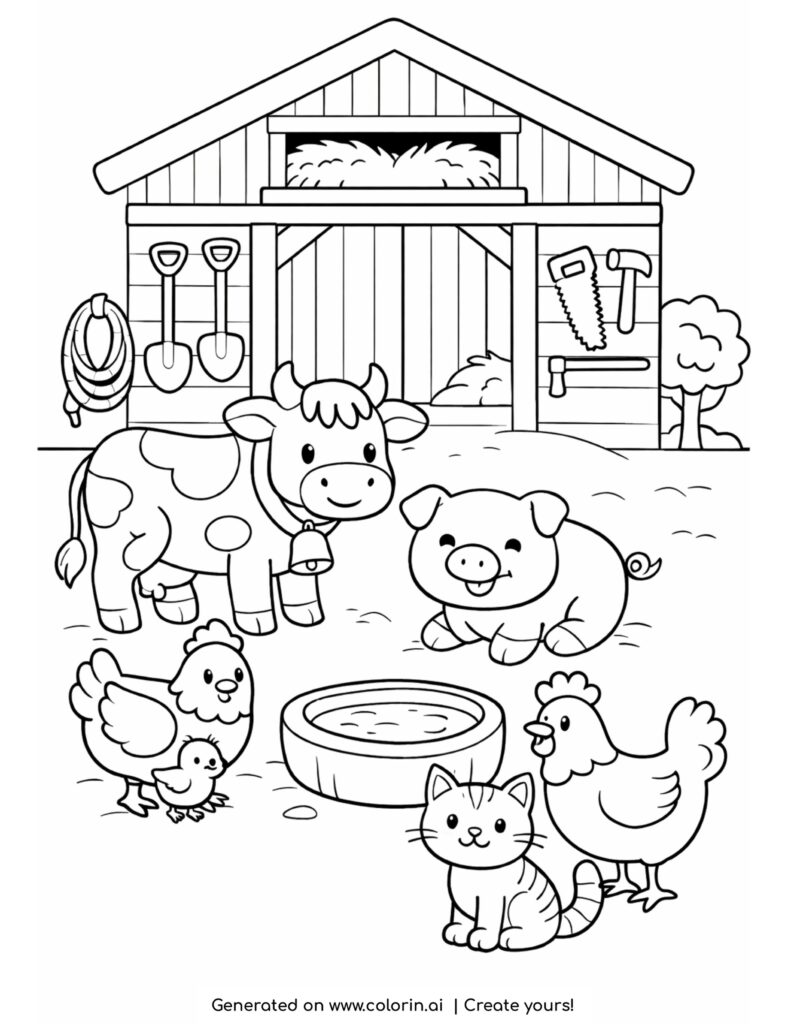 farm animals in barnyard coloring page with cow pig chickens cat and barn