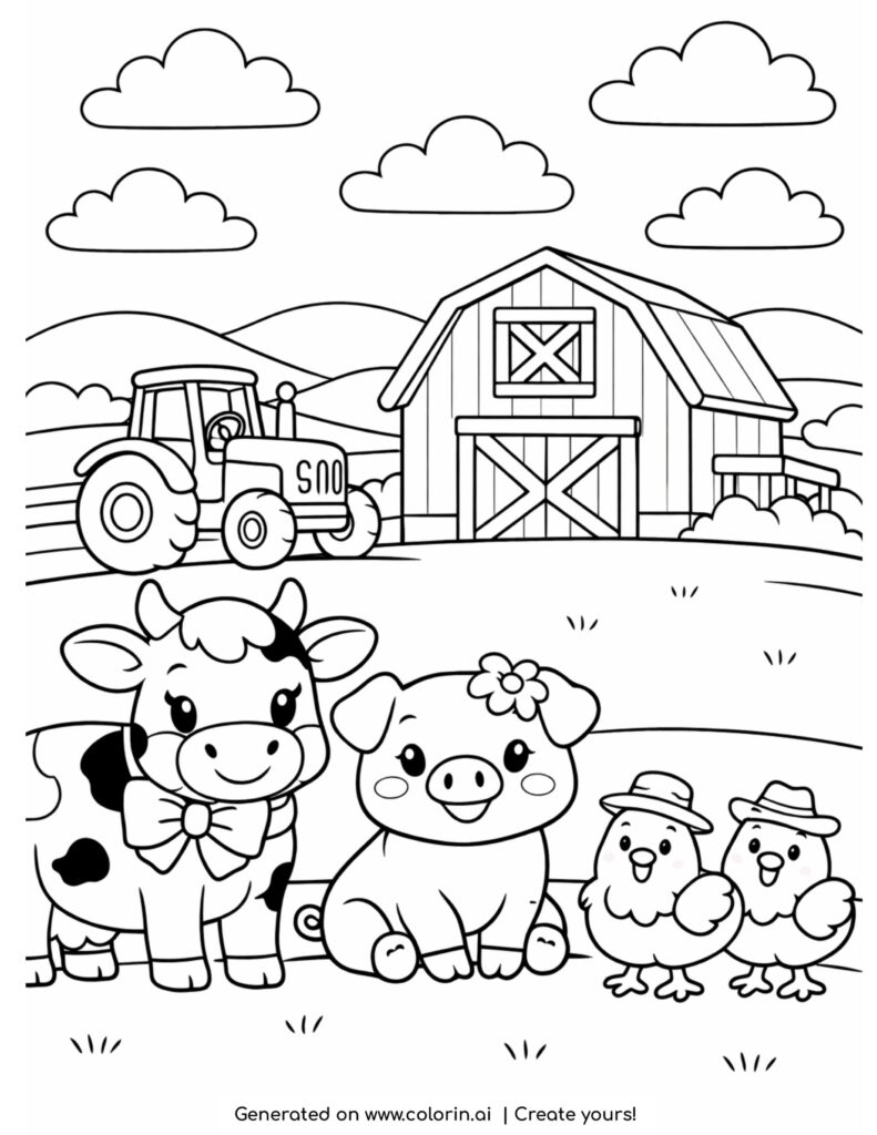 farm animals in front of barn coloring page with cow pig chickens and tractor