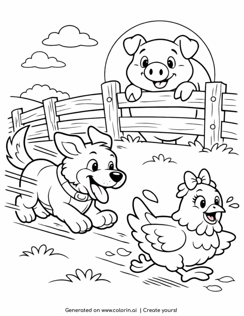 farm dog chasing chicken coloring page with pig behind fence and playful farm scene Image File Name: