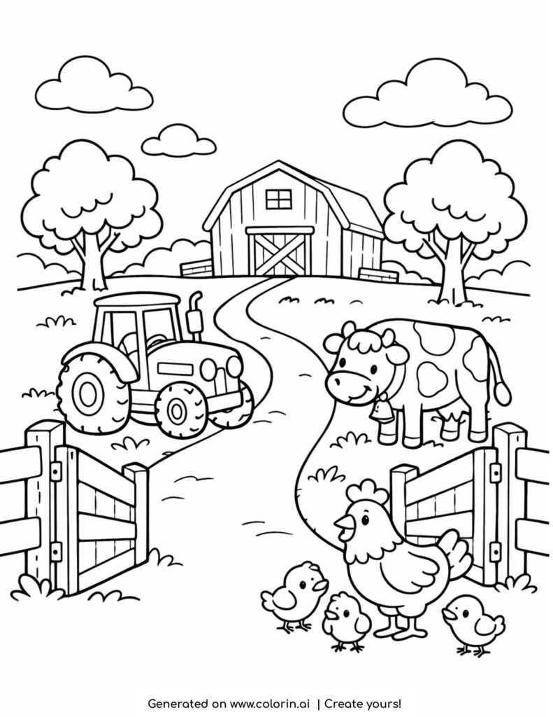 farm entrance with tractor and cow coloring page with barn chicken and chicks
