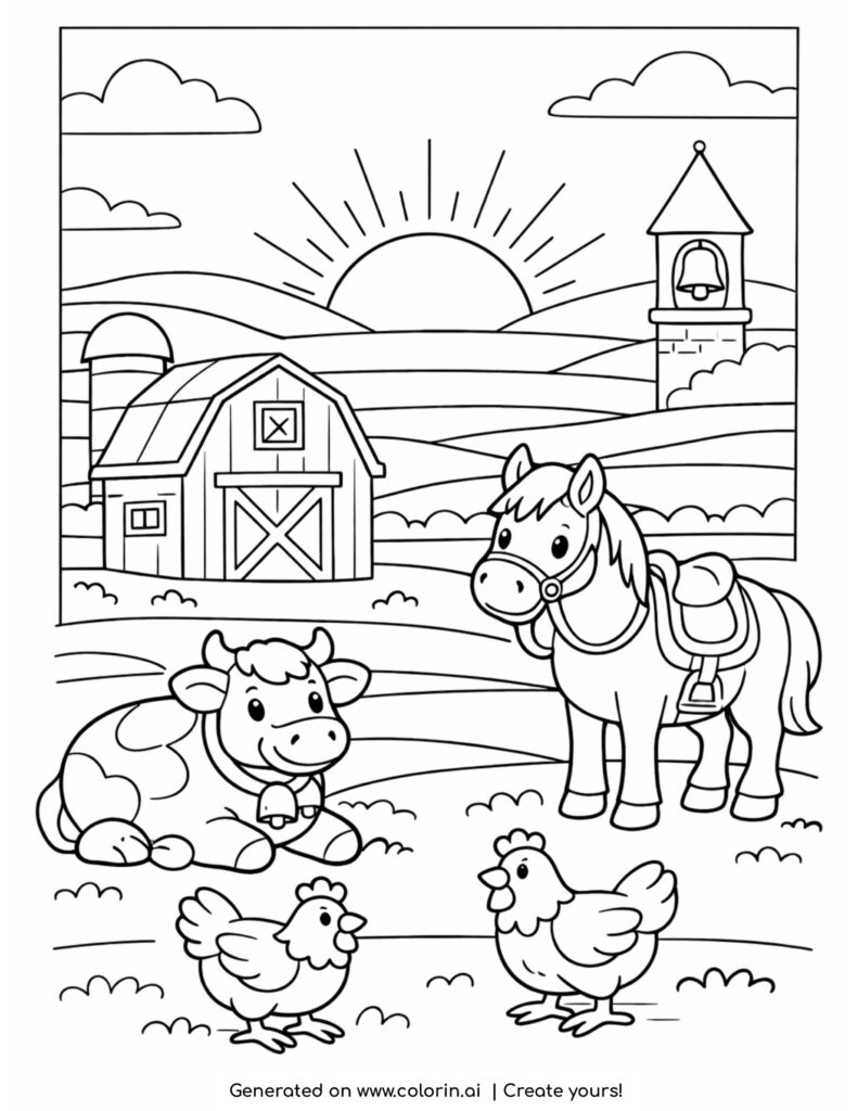 farm sunset with horse and cow coloring page with barn chickens and bell tower