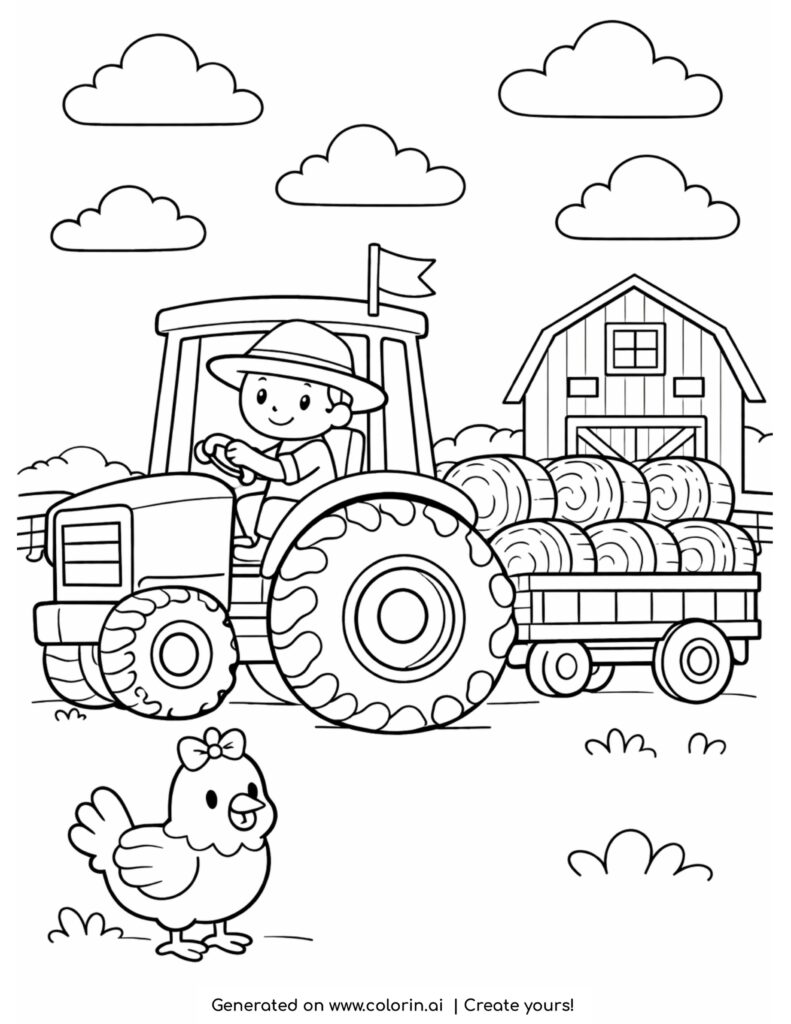 farmer driving tractor with hay and chicken farm scene coloring page