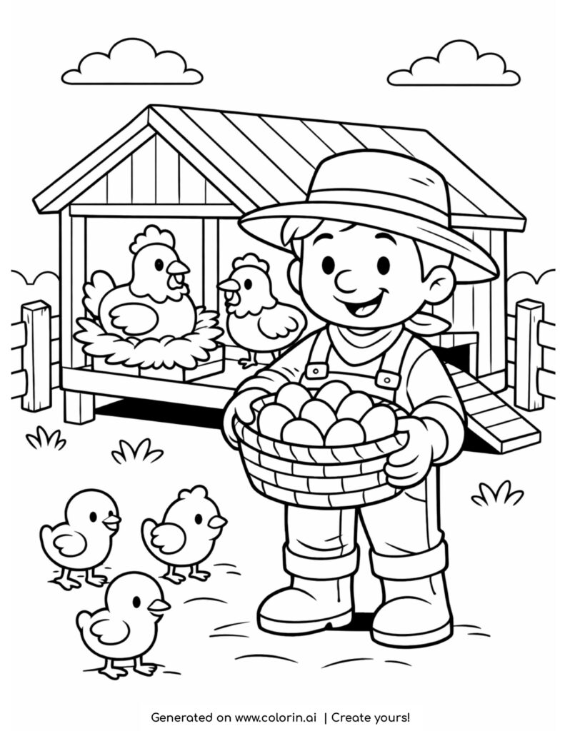 farmer holding basket of eggs coloring page with chickens and coop