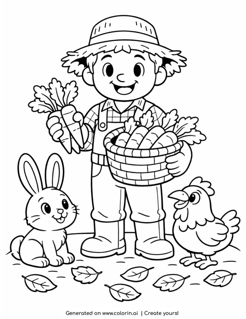 farmer holding carrots with rabbit coloring page with chicken and basket