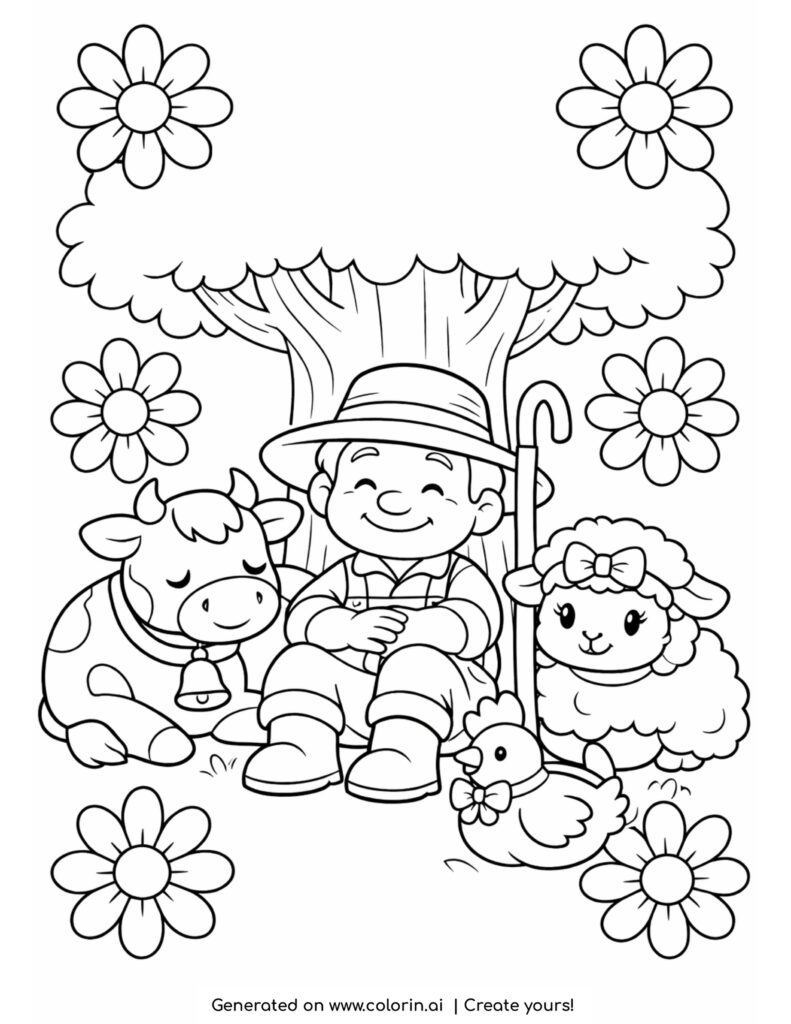 farmer under tree with animals coloring page featuring a smiling farmer with cow sheep and chicken