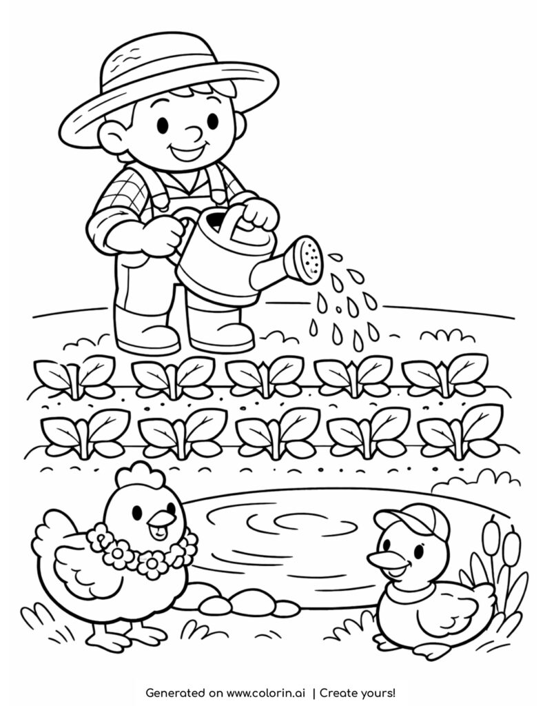 farmer watering plants in garden coloring page with pond duck and chicken