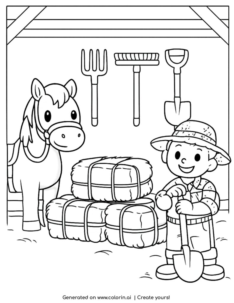 farmer with horse in barn coloring page with hay bales and tools