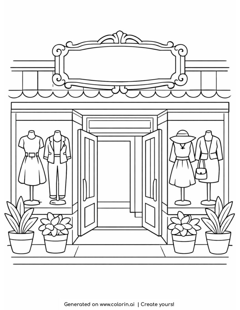 fashion boutique storefront with window displays coloring page with mannequins and plants