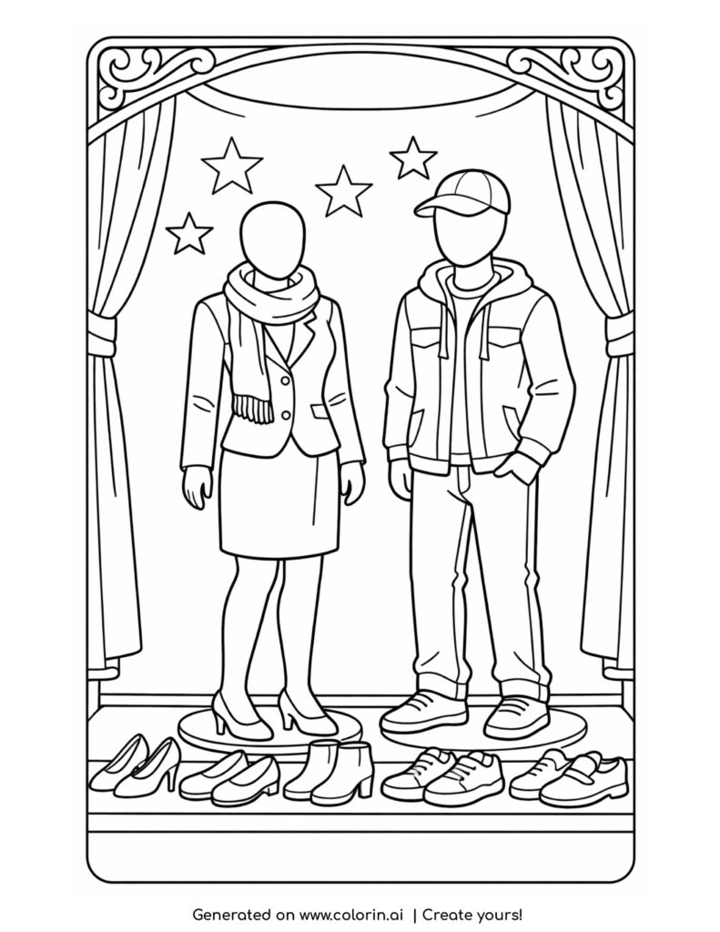 fashion mannequins with outfits in display window coloring page with shoes and curtains