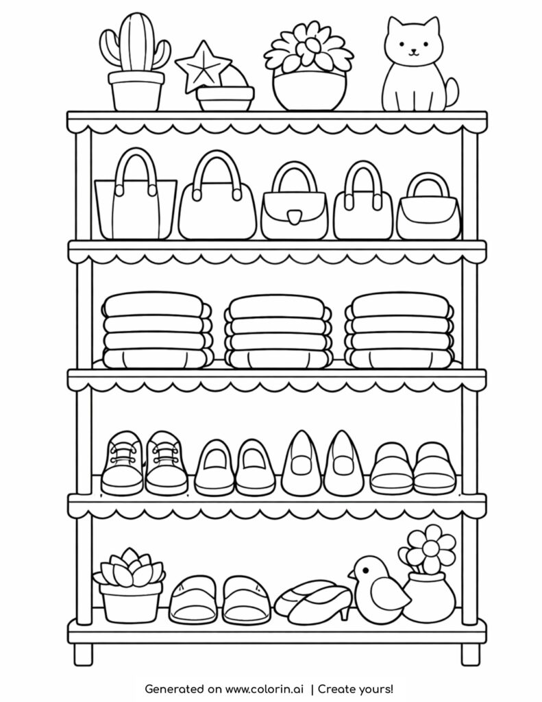 fashion shelf with bags folded clothes shoes and decor coloring page