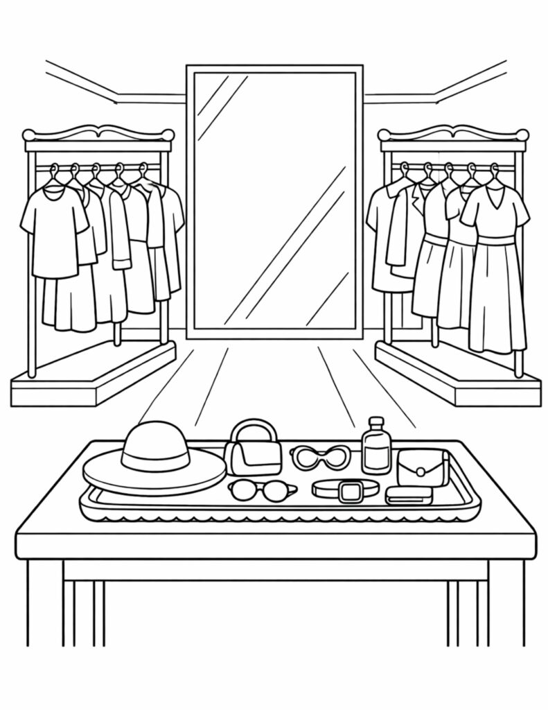 fashion store interior with mirror and display table coloring page with clothes racks and accessories