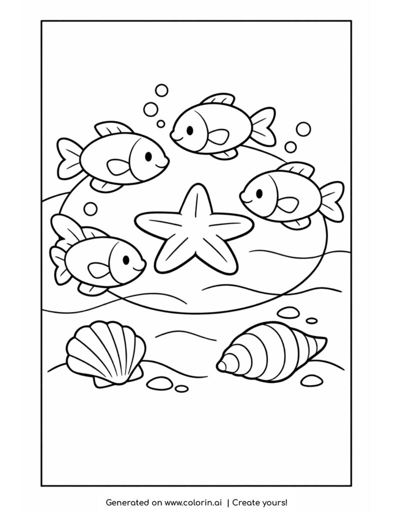 fish swimming around starfish coloring page with shells and ocean floor