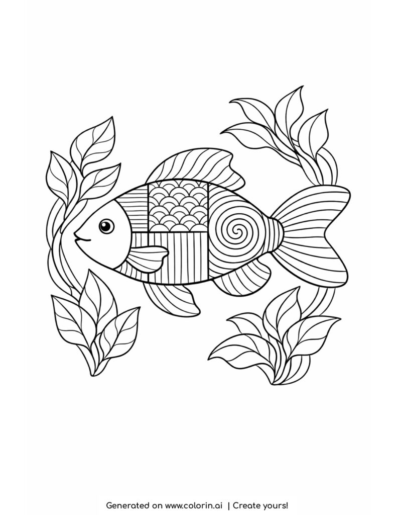 fish swimming with aquatic plants coloring page with patterned body and leaves