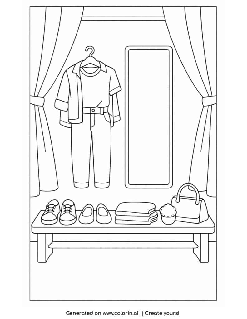 fitting room with outfit mirror bench shoes and bag coloring page