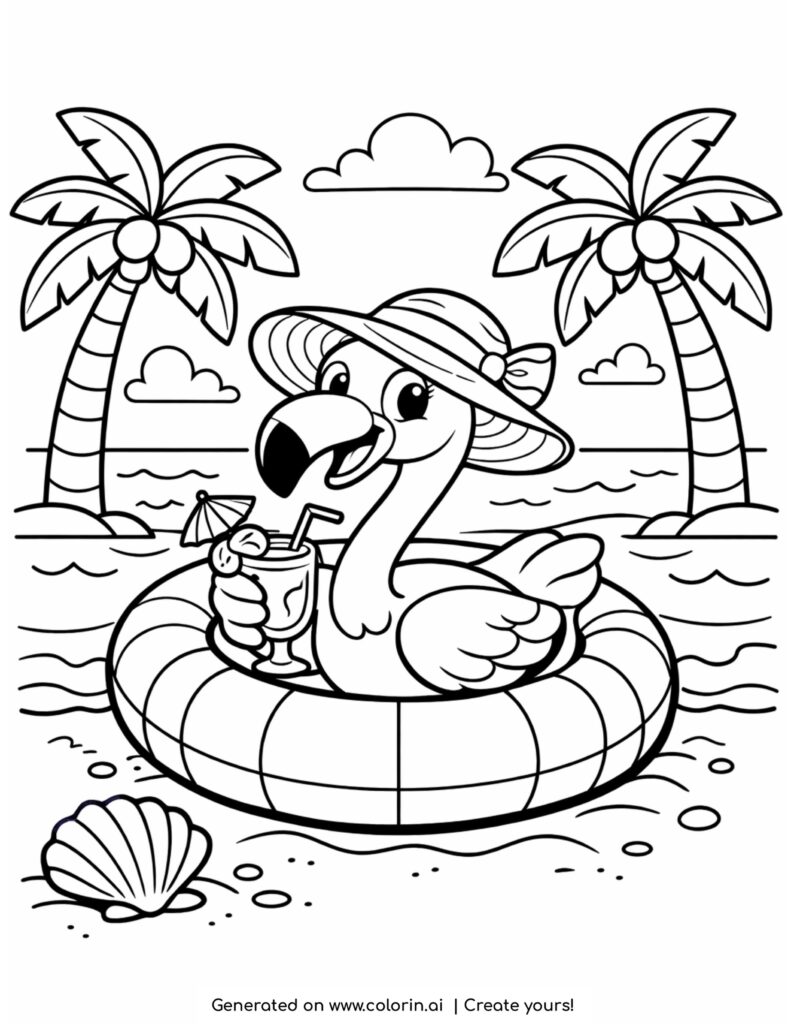 flamingo floating with drink beach coloring page with palm trees and ocean