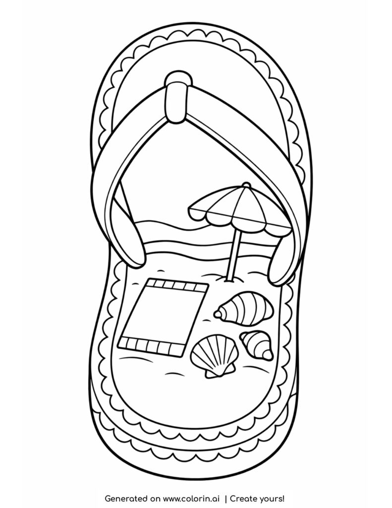 flip flop with beach scene inside coloring page with shells towel and umbrella