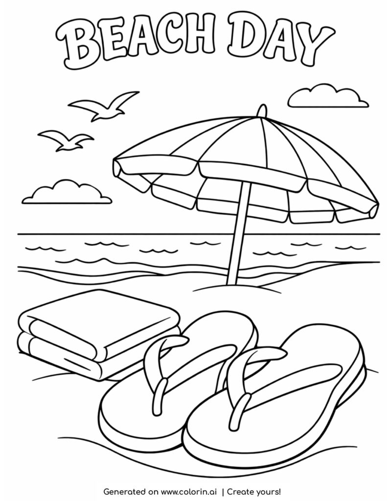 flip flops by beach umbrella beach day coloring page with towel and ocean waves