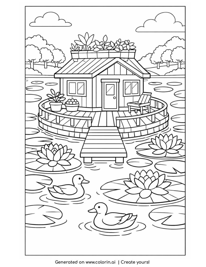 floating house on lily pad lake coloring page with ducks and wooden dock