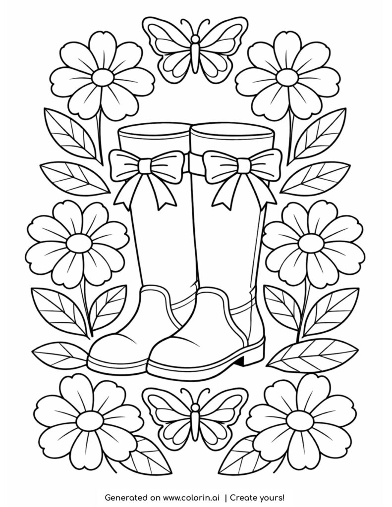 floral boots with butterflies and flowers coloring page