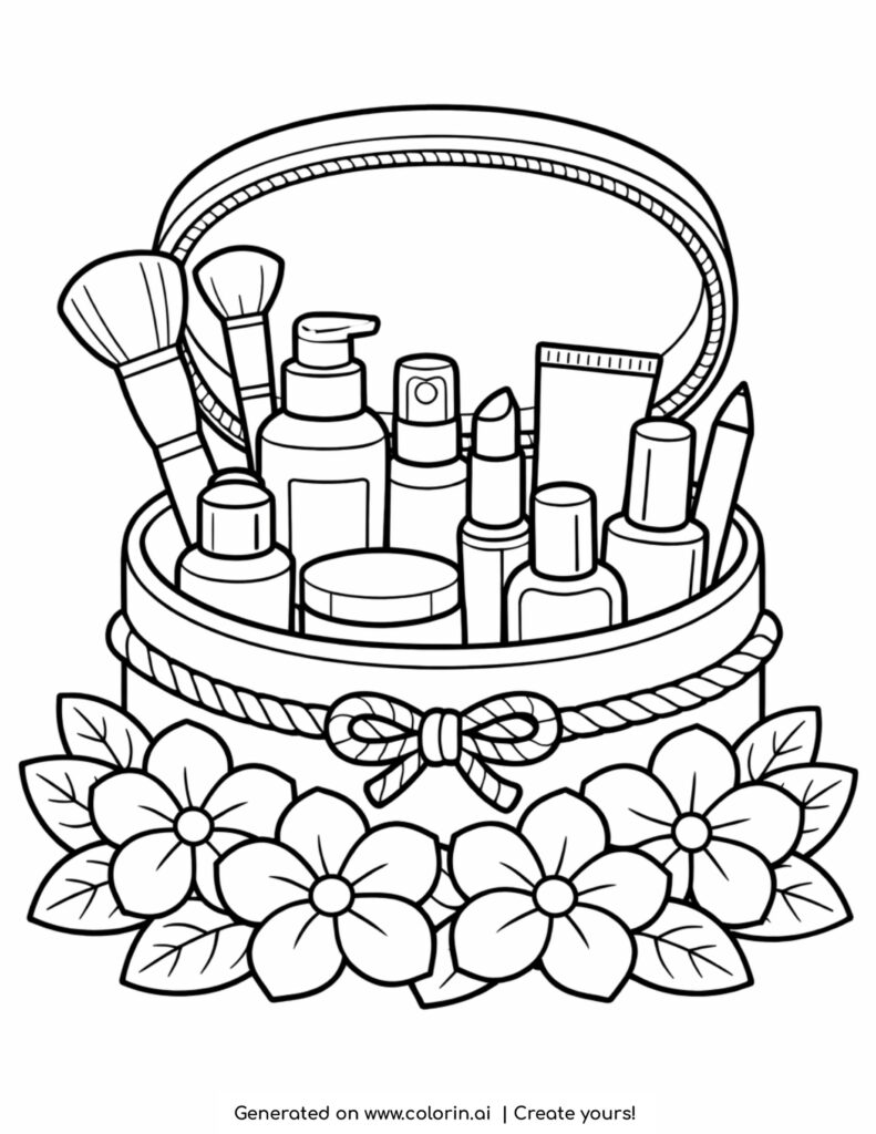 floral makeup bag with brushes coloring page with flowers and beauty items