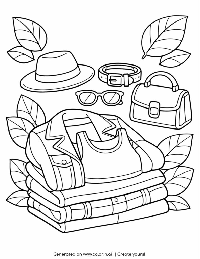 folded clothes with hat sunglasses belt and handbag coloring page