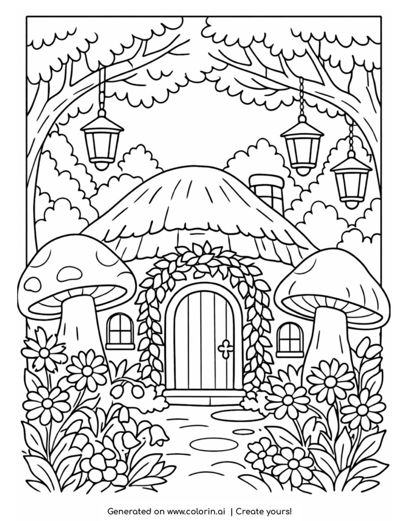 forest cottage with mushrooms and lanterns coloring page with flowers and trees
